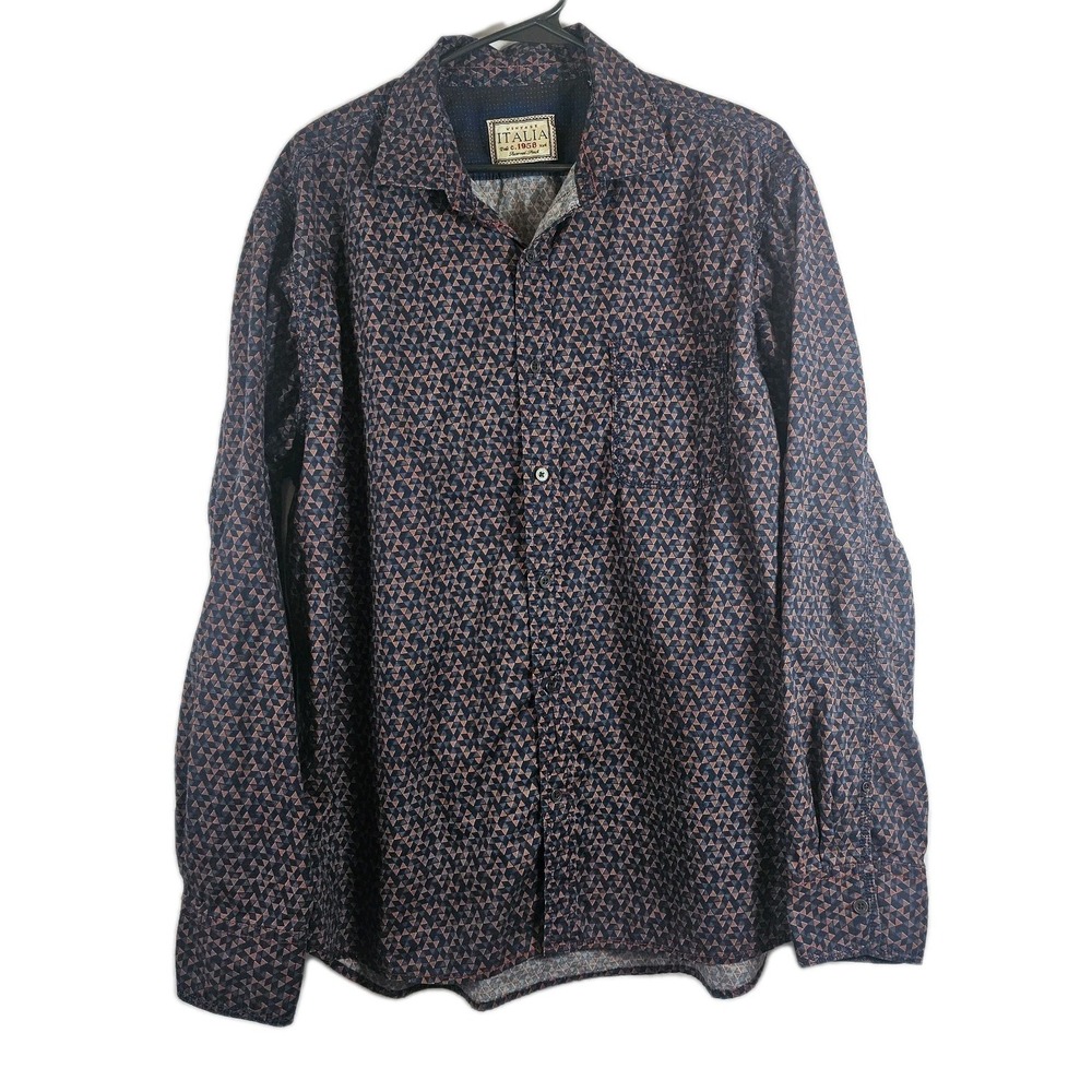 Vintage Italia Shirt Men XL 100% Cotton Classic Button-Up Blue Geometric Pattern